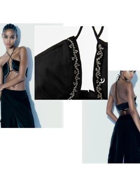 Zara black beaded rhinestone embellished satin bralette crop top Sz L NWT